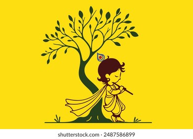Little Krishna Gopal, depicted in a simple and stylized design, radiates innocence and kindness as he plays his flute. Ideal for nursery decor, children’s books, or spiritual-themed projects