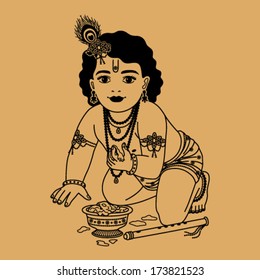 Little Krishna with a plate of porridge and a pipe on a beige background 