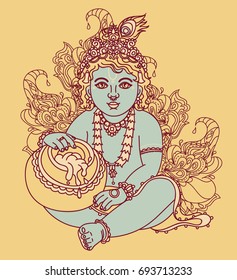 Little Krishna with a pot of butter, can be used as greeting card for Krishna birthday, vector illustration