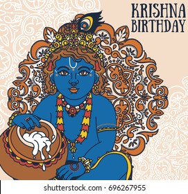 Little Krishna with a pot of butter, can be used as greeting card for Krishna birthday, vector illustration