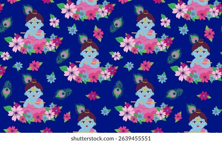 little krishna seamless pattern with flowers and peacock feathers on dark blue background janmashtami