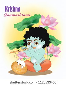 little Krisna sits among the lotuses and plays the flute