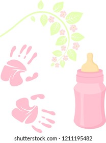 Little lady baby shower related items collection. Newborn set. Baby girl elements, handprint, baby nursing bottle. Vector pink scrapbook decor, greeting birthday postcard.