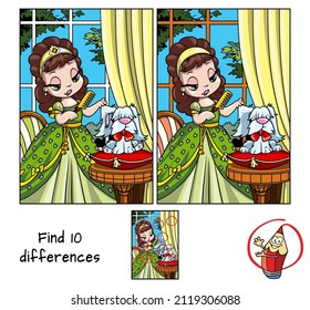 Little lady girl brushing her small dog. Find 10 differences. Educational game for children. Cartoon vector illustration