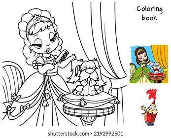 Little lady girl combing her pet dog. Coloring book. Cartoon vector illustration