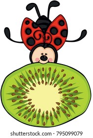 Little ladybug flying with fresh kiwi slice
