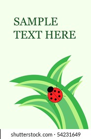 Little ladybug on grass, vector card with copy space for your text