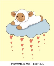 Little lamb flying on a love cloud