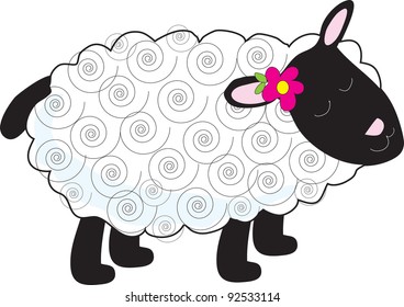 Little Lamb A little lamb has a curly, white coat and black face, legs and tail. A small flower sits beside one of her pink ears.