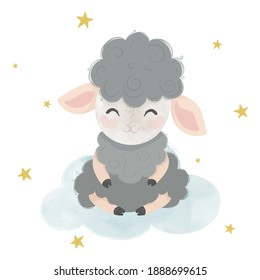 Little lamb on cloud vector illustration, kids fashion artwoks, greeting cards, wallpapers, print.