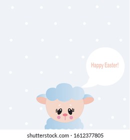 Little lamb says happy easter. Vector picture on a light-blue background with white polka dots. Eps