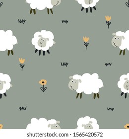 Little lamb / sheep pattern - funny hand drawn doodle, seamless pattern. Lettering poster or t-shirt textile graphic design. / wallpaper, wrapping paper, background.