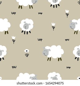 Little lamb / sheep pattern - funny hand drawn doodle, seamless pattern. Lettering poster or t-shirt textile graphic design. / wallpaper, wrapping paper, background.