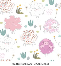 Little lamb sheep pattern - funny hand drawn doodle, seamless pattern. Lettering poster or t-shirt textile graphic design, wallpaper, wrapping paper, background.