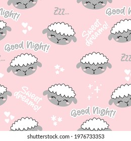 Little lamb, sheep pattern. Good night, sweet dreams - funny hand drawn doodle, seamless pattern. Lettering poster or t-shirt textile graphic design.  wallpaper, wrapping paper, background.