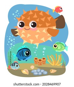 Little landscape. Puffer fish. Underwater life. Wild animals. Ocean, sea. Summer water. Isolated on white background. Illustration in cartoon style. Flat design. Vector art