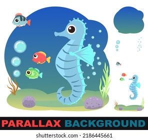 Little landscape. Sea Horse. Set parallax effect. Underwater life. Wild animals. Ocean, sea. Summer water. Isolated on white background. Illustration in cartoon style. Flat design. Vector art.