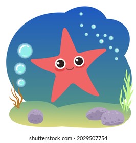 Little landscape. Starfish. Underwater life. Wild animals. Ocean, sea. Summer water. Isolated on white background. Illustration in cartoon style. Flat design. Vector art.