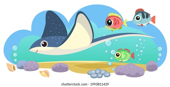 Little landscape. Stingray. Underwater life. Wild animals. Ocean, sea. Summer water. Isolated on white background. Illustration in cartoon style. Flat design. Vector art