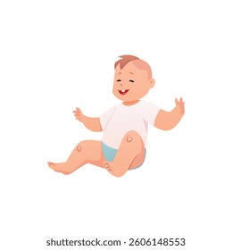Little laughing boy with fair skin, vector illustration. Character sitting, smiling, arms outstretched. Care and concern. Infancy. Child development. Flat style. Isolated background. Cartoon.