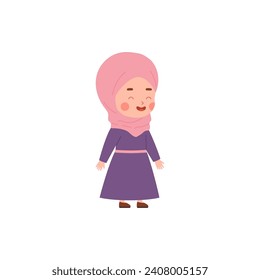 Little laughing kid girl in hijab. Muslim child character full height. Isolated flat vector illustration.