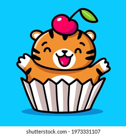 Little laughing tiger with a cherry on its head. Cute vector illustration in flat style.