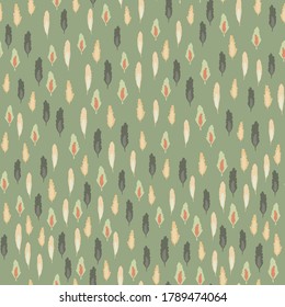 Las siluetas de hojas pequeñas son un patrón sin costura. Fondo de temática forestal con fondo verde suave. Perfecto para papel pintado, papel envolvente, papel textil, tela. Ilustración vectorial.