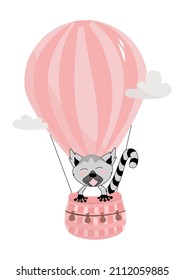 
Little lemur is flying on balloon. Vector illustration of child picture into bedroom.