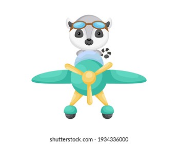 Little lemur wearing aviator goggles flying an airplane. Funny baby character flying on plane for greeting card, baby shower, birthday invitation, house interior. Isolated cartoon vector illustration
