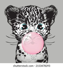 Little leopard with bubble gum. Vector illustration.