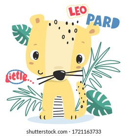 Kleiner Leopardenkartoon im Wald einzeln auf weißem Hintergrund, Vektorgrafik.