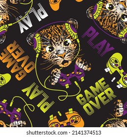 Little leopard play game with joystick and headphones. Seamless pattern. Vector illustration