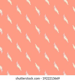 Little light parrot cockatoo seamless pattern in doodle style. Hand drawn backdrop with pink background. Flat vector print for textile, fabric, giftwrap, wallpapers. Endless illustration.