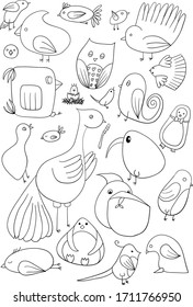 Little line vector birds. Cartoon funny style
