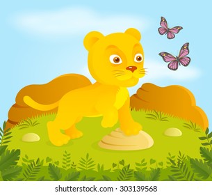 Little lion with butterflies vector illustration