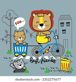 a little lion with cat on the bycycle funny cartoon