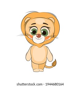 Little lion cub. Isolated object on a white background. Cheerful kind animal child. Cartoons flat style. Funny. Vector