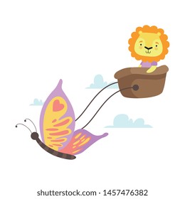 Little Lion Flying in Basket with Butterfly, Funny Adorable Animal in Transport Vector Illustration