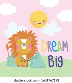 little lion grass sun cloud dream big cartoon cute vector illustration