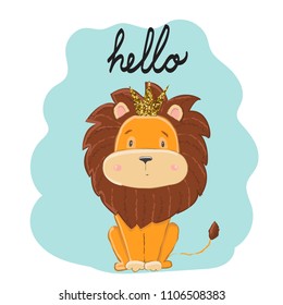 Little lion king. Children's illustration for printing on clothes. Postcard, cover. Cartoon.