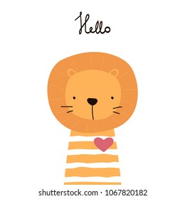 Little lion with lettering. Vector hand drawn illustration.