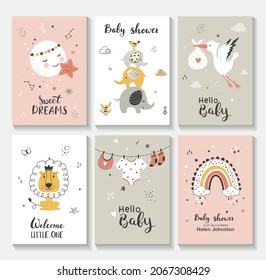 Little lion,  moon and star, stork, cute characters set, posters for baby room, greeting cards, kids and baby t-shirts, and wear