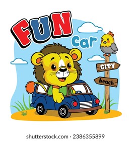 a little lion on the car funny animal cartoon