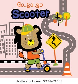 a little lion playing scooter funny animal cartoon