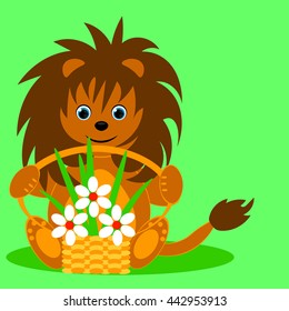 little lion sitting and holding a basket of flowers