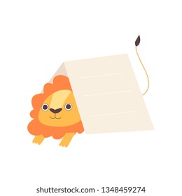 Little Lion Sitting Under Empty Banner, Cute Cartoon Animal with Blank Sign Board Vector Illustration