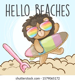 Little lion with surfing board cartoon illustration for kids Cute lion on beach panoramic. Cute lion with  colorful eyeglasses.