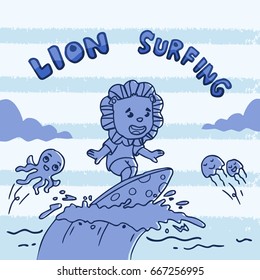 little lion surfing in the sea. vector cartoon illustration