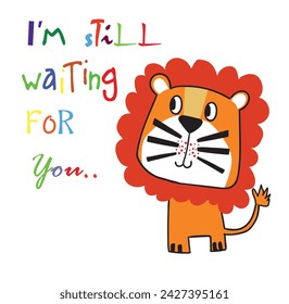 Сute little lion. Vector illustration, isolated on a white background. Concept for children print.