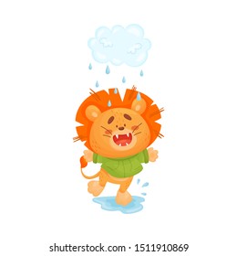 Little lion walk in the rain. Vector illustration.